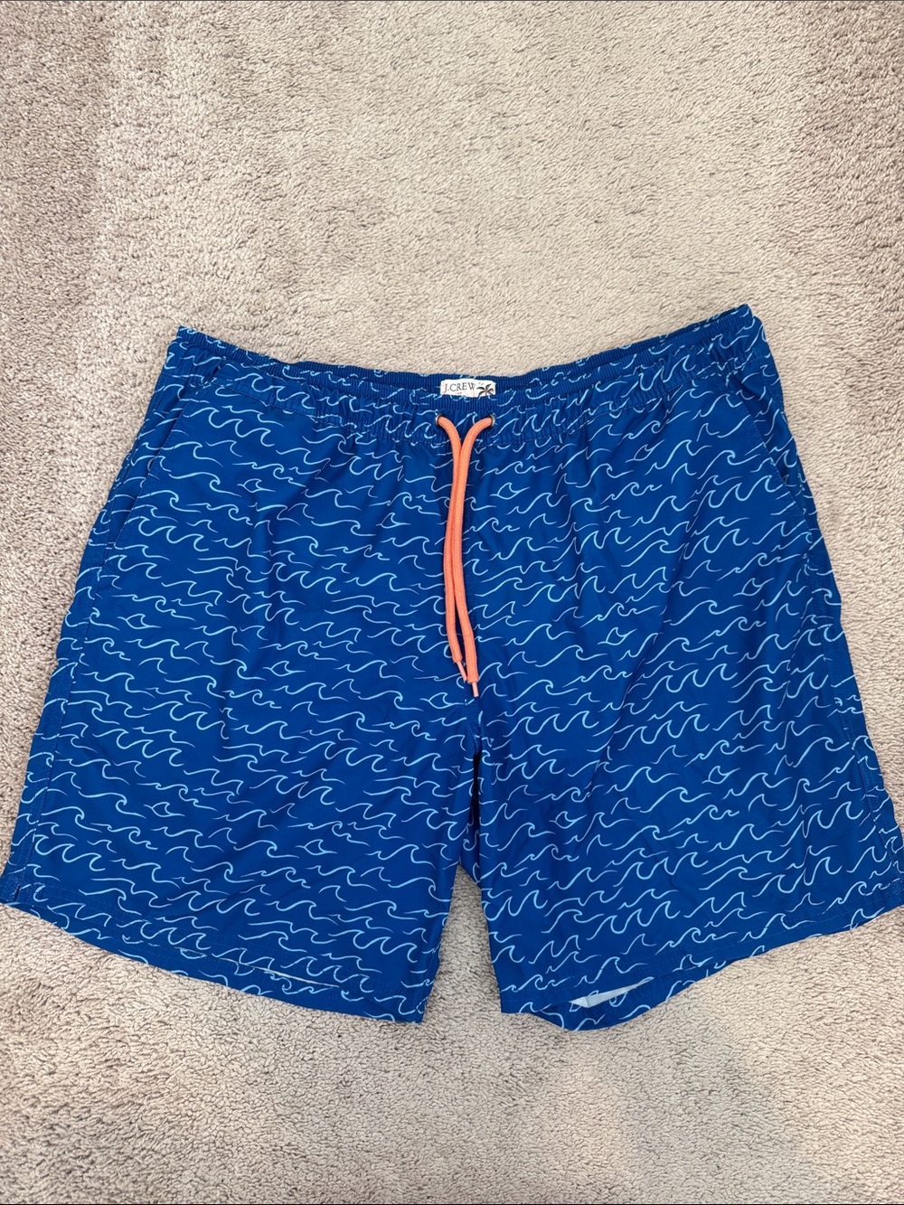 J. Crew Blue Wave-Print Swim Shorts with Orange Drawstring